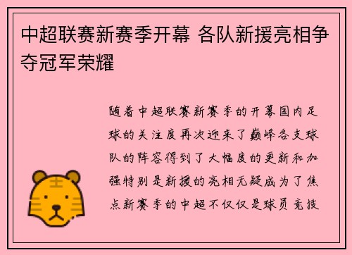 中超联赛新赛季开幕 各队新援亮相争夺冠军荣耀