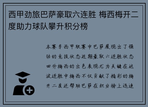 西甲劲旅巴萨豪取六连胜 梅西梅开二度助力球队攀升积分榜