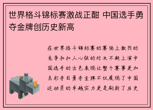 世界格斗锦标赛激战正酣 中国选手勇夺金牌创历史新高